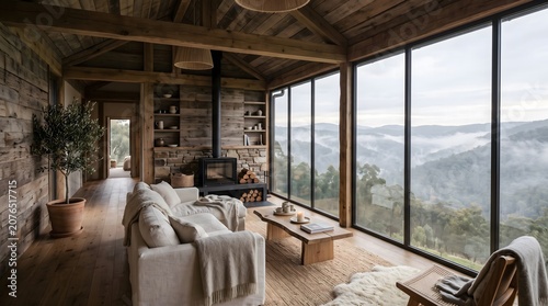 Modern rustic cabin living room with panoramic mountain views and wooden interior