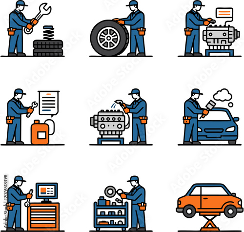Mechanics and Car Repair Team Working in Auto Shop Flat Vector Illustration