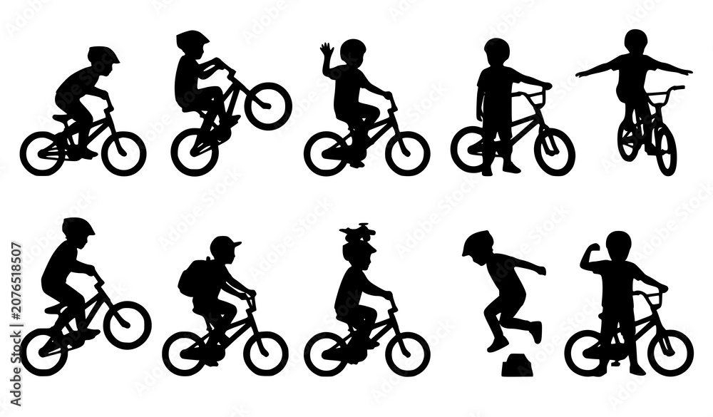 Fototapeta premium Kids on bikes silhouettes vector collection with active children riding bicycles cycling sports and outdoor play shapes set