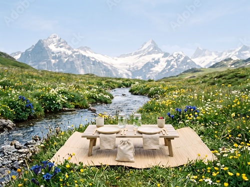 Elegant Picnic for Two in a Vibrant Alpine Meadow with a Serene Stream and Majestic Snow-Capped Mountain Views