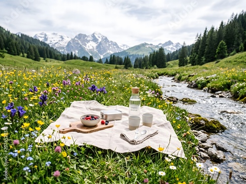 Summer picnic by alpine stream in flowering mountain meadow