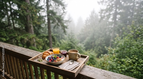 Healthy Breakfast Tray on a Balcony Overlooking a Misty Pine Forest