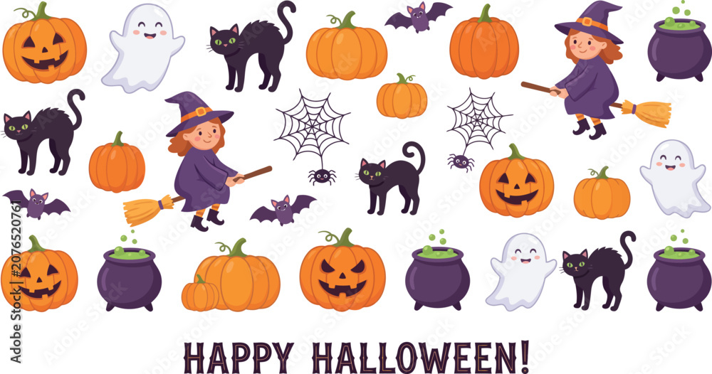 Obraz premium Happy Halloween Cute Cartoon Doodle Element Background