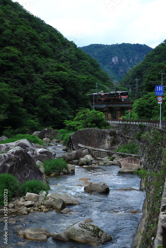 【鳥取県】新緑の石霞渓を渡る伯備線227系500番台電車「Urara」_2026/6/18撮影