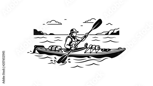 Kayaker Paddling Through Water with Rocky Landscape Background