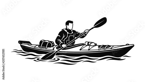 Kayaker Paddling Kayak Boat on Water with Waves