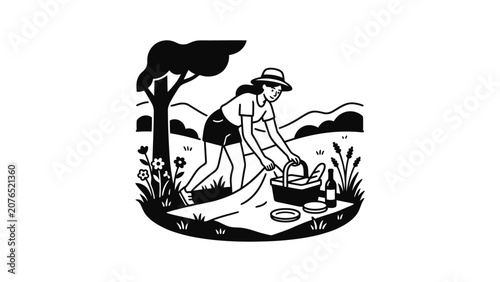 Woman Setting Up Picnic Blanket Outdoors Under Tree With Basket And Food