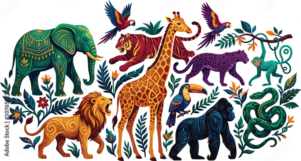Fototapeta premium Wild Jungle Animals Vector Set with Elephant Lion Giraffe Tiger and Gorilla Decorated with Intricate Mandala Patterns for Exotic Rainforest Nature Design Layouts
