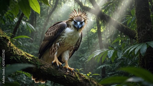 Majestic philippine eagle, a critically endangered bird of prey, perching on a mossy branch in a dense tropical rainforest with beautiful sunbeams shining through the lush green canopy
