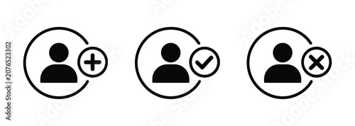 User Icon Set: Simple pictograms representing add, check, and cross icons. user profile symbol, account management, social media icon.