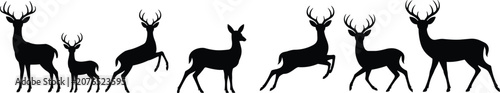 Fotografie Black silhouettes of male and female deer with antlers and a young fawn on a whi