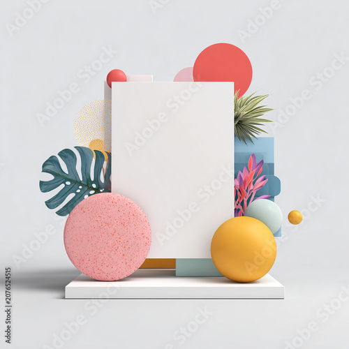 Abstract 3D geometric podium with tropical leaves and blank white card mockup