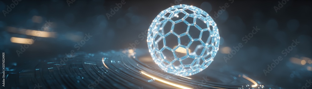 Naklejka premium A football made of interconnected luminous hexagons, hovering above a cybernetic world map, futuristic championship celebration, glowing energy rings, ultra modern sports concept, goals achieved 