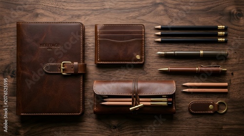 Flat lay of premium leather stationery and accessories set
