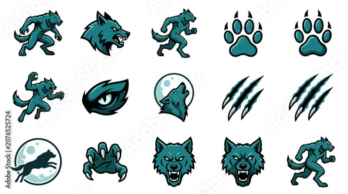 Quadro su tela Aggressive werewolf head and claw teal icons.