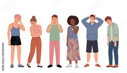 Schilderij op canvas Stressed diverse people character group vector illustration set