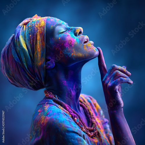 Woman covered in colored powder holding finger to lips with portrait festival expression