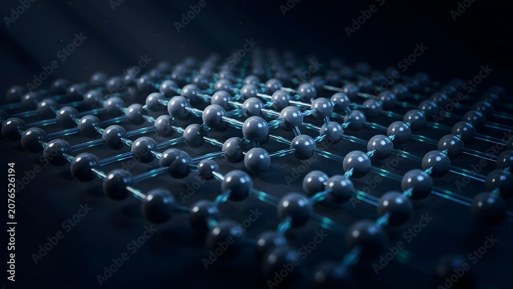 Fototapeta premium Close-up of Blue Metallic Atomic Structure with Connected Spheres in Dark Environment