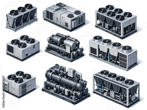 Print   Premium Isometric Industrial HVAC & Chiller Vector Collection – 3D Climate Control Equipment Illustrations for Engineering & Architecture