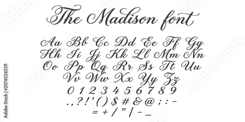 Photos The Madison elegant script font alphabet with uppercase and lowercase letters nu