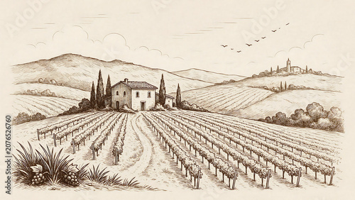 Ink sketch illustration of a picturesque vineyard estate in tuscany