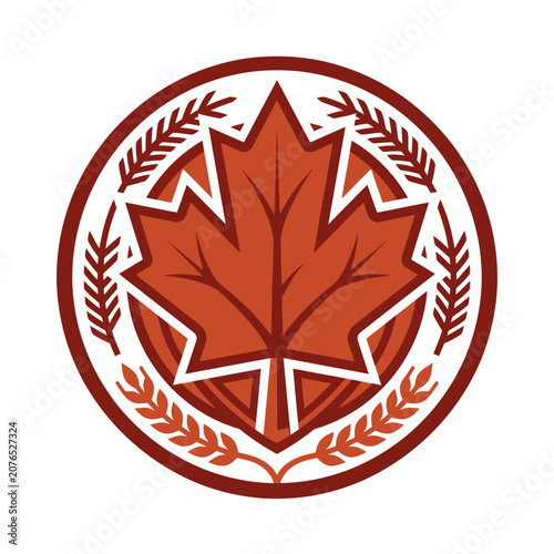 Foto Vintage retro maple leaf crest design featuring a bold red leaf, green evergreen branches, and golden wheat stalks in a classic circular emblem style