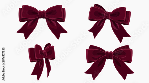 Velvet Bow Collection: A curated set of four rich, burgundy velvet bows, each meticulously crafted with a classic tied ribbon design.
