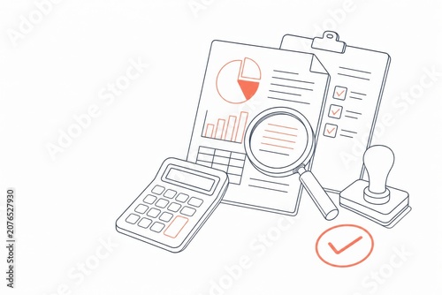 Duotone line art illustration showcasing accounting review documents alongside a magnifier calculator stamp financial analysis audit