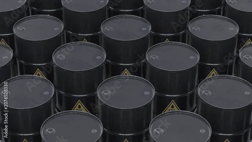 Dense array of black oil barrels representing energy storage, commodity reserves and industrial supply chains. Seamless loop animation, part of series. 3d Animation 4k, Ultra HD 3840x2160