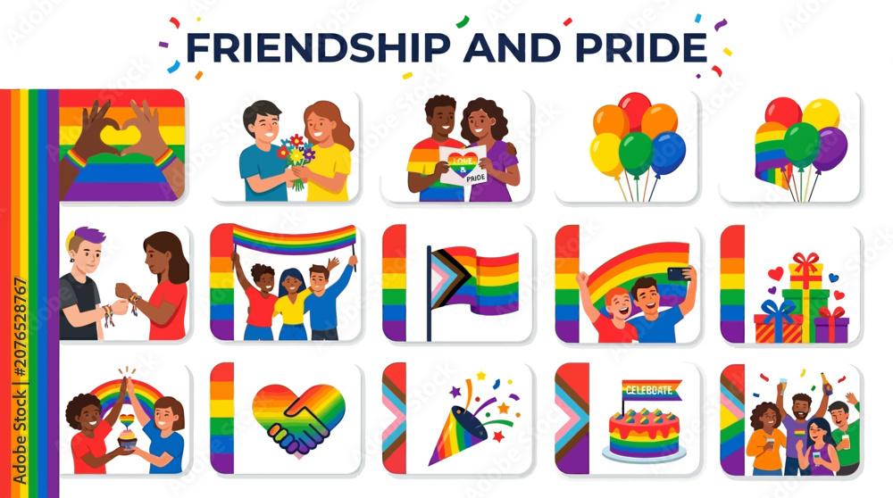 Fototapeta premium Celebrating Friendship and Pride with Diverse People Holding Rainbow Flags and Balloons