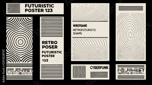 Futuristic poster designs with linear patterns and geometric shapes on a black background abstract aesthetic arrangement circular