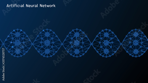 A dark blue vector illustration of an artificial neural network with interconnected nodes and lines deep learning