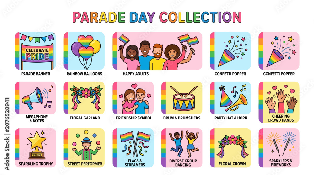 Fototapeta premium Parade Day Collection of Pride and Community Icons for Festive Celebrations and Events