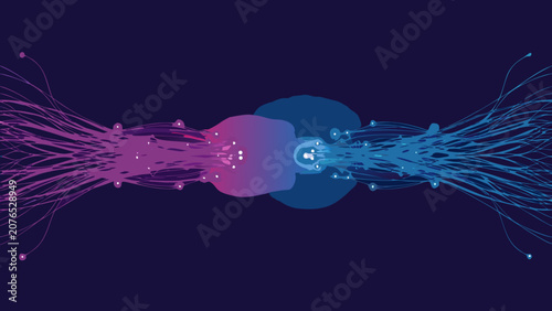 Abstract symmetrical composition featuring radiating lines and blurred shapes in shades of blue and magenta art design