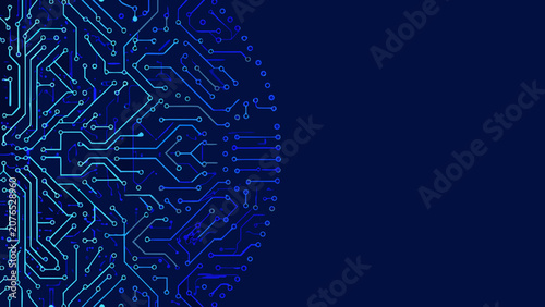 Circuit board pattern with interconnected lines and nodes against a dark blue background circuitry electronic components microchip