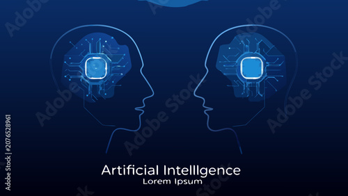 Two human head profiles with circuit board patterns represent artificial intelligence technology in a digital illustration machine