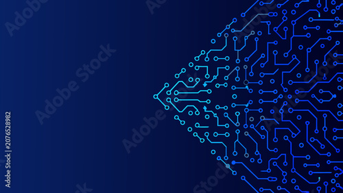 Circuit pattern resembling a human brain vector illustration on a dark blue background neural network circuitry map