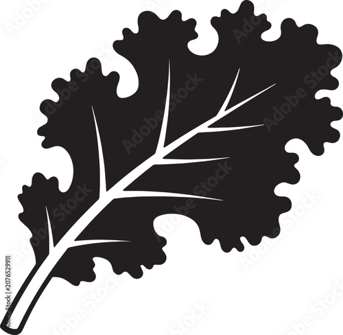 Black silhouette of a single kale leaf with prominent veins.