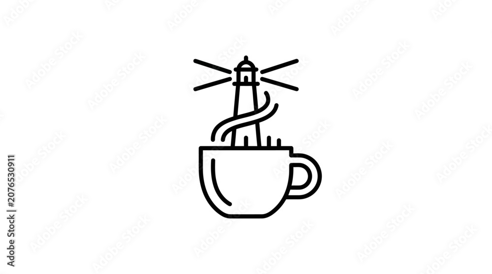 Obraz premium Minimalist coffee cup icon with lighthouse symbol design.