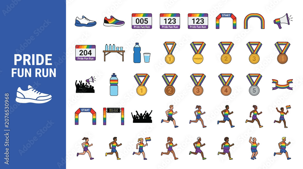 Fototapeta premium Set of diverse icons celebrating a pride fun run, featuring runners, medals, and rainbow elements for events and inclusivity
