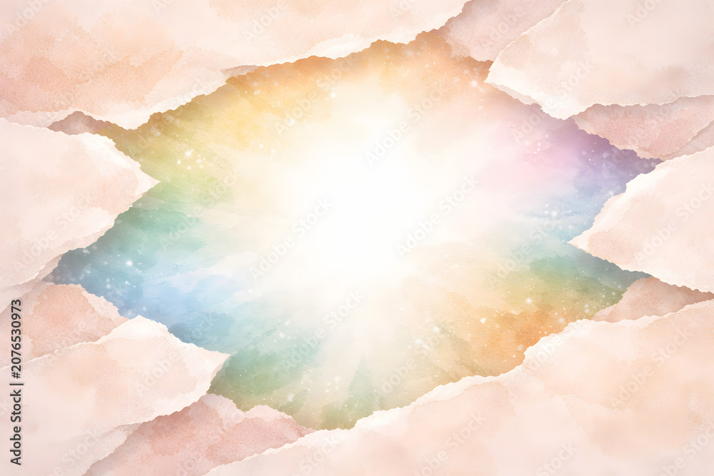 Obraz premium Elegant Japanese Washi paper background with dramatic torn paper edges opening to radiant pastel rainbow lights. generated by AI.