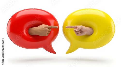 Two speech bubbles with hands pointing at each other