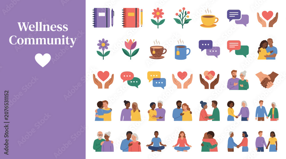 Fototapeta premium Wellness Community Icons Symbols of Connection, Support, and Healthy Lifestyles for People