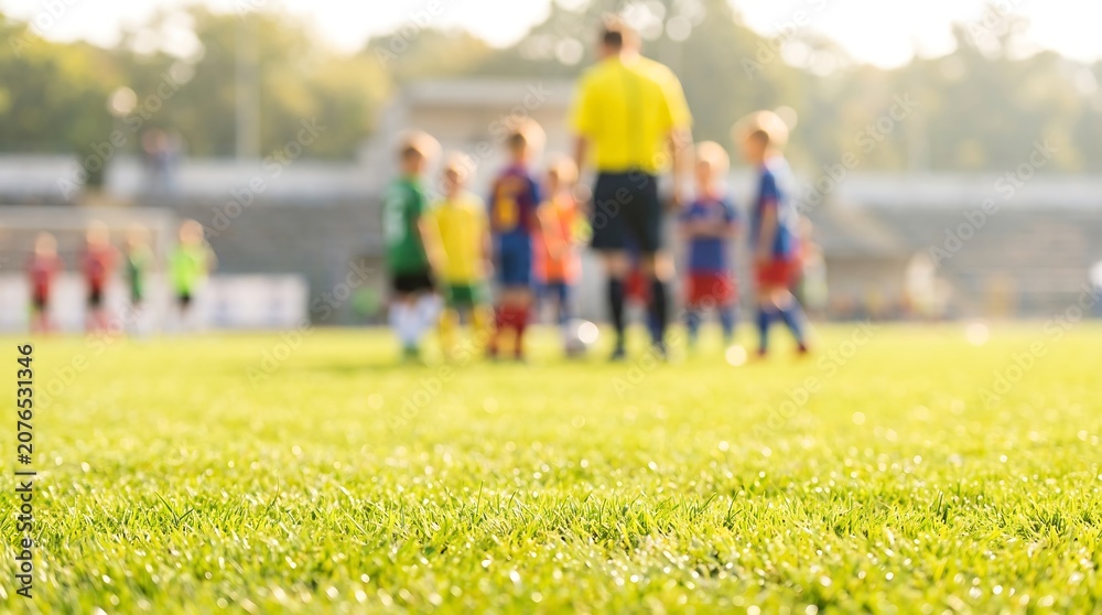 Obraz premium Blurred youth soccer match with referee standing in middle of green field during sunny day in local stadium for youth sports tournament and healthy lifestyle competition