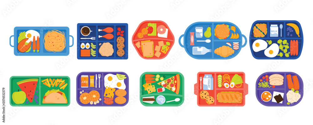 Obraz premium Lunchboxes set for school lunch and breakfast, picnic of kids. Top view of plastic trays and containers with packed fresh homemade food and drink, fruit and healthy snacks cartoon vector illustration