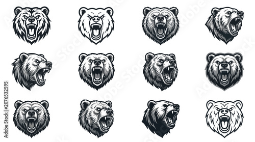 Quadro em tela Black and white grizzly bear head logo collection.