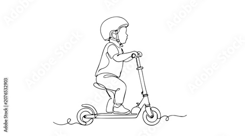Continuous line drawing of a toddler riding a scooter. Minimalist vector graphic isolated on white background