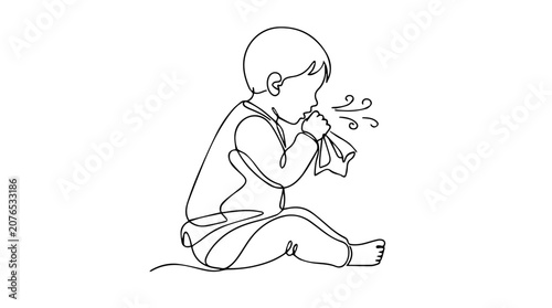 Sick toddler coughing into a tissue. Continuous line art vector illustration. Minimalist single line drawing of child health concept