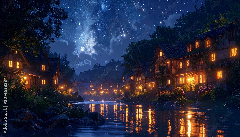 Fototapeta premium A magical riverside fantasy village glows beneath a full moon with shooting stars, warm lights, and shimmering reflections, creating a peaceful and enchanting night landscape.