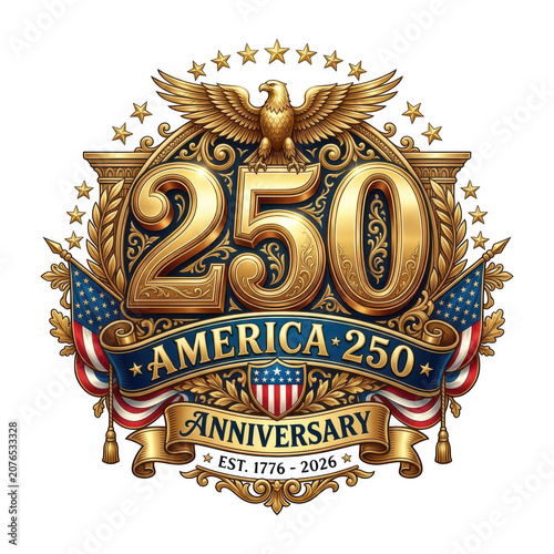 250th anniversary of america emblem with eagle and flags isolated on transparent background